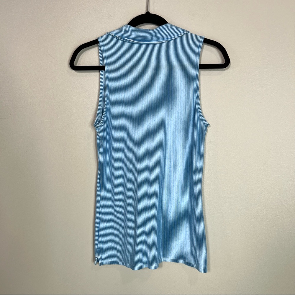 LILLY PULITZER Blue and White Striped Sleeveless Ruffled Collared Drew Polo - Picture 3 of 12